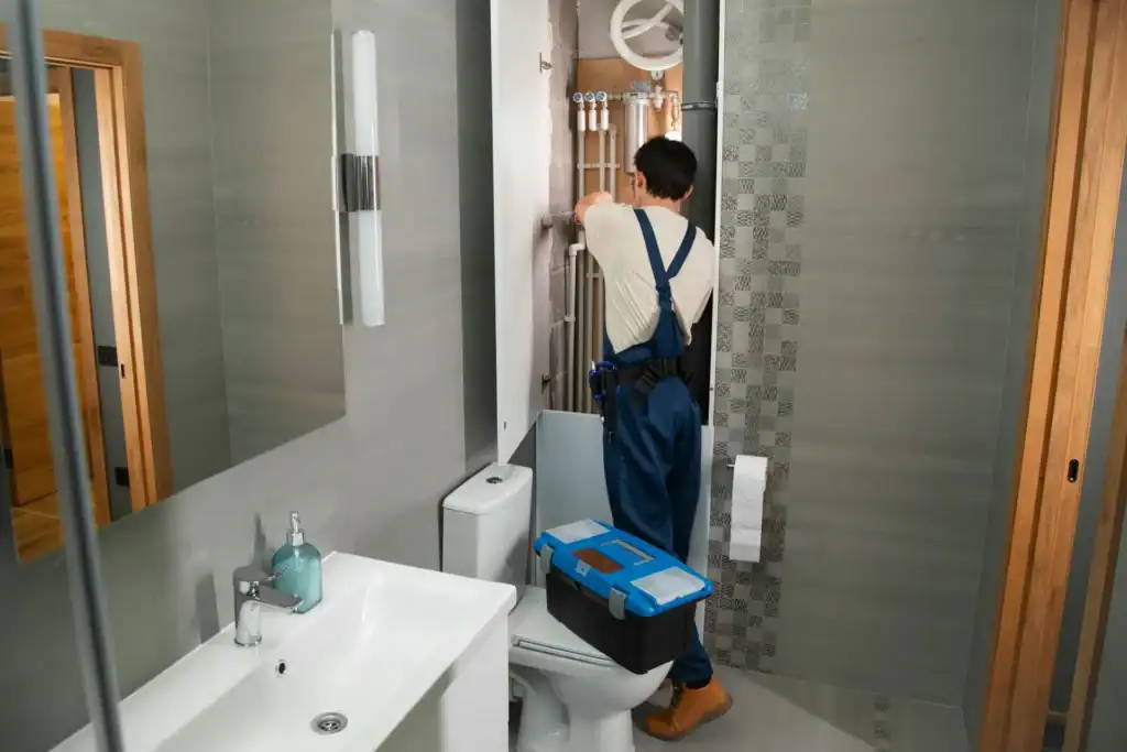 A maintenance worker in blue overalls cleans a glass shower door in a modern bathroom.